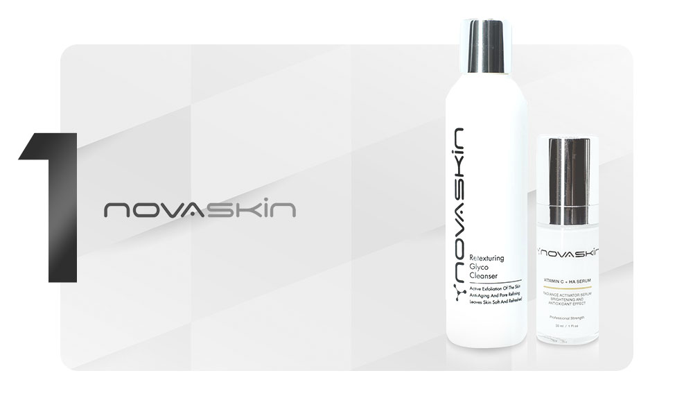 Digital graphic displaying 2 bottles of novaskin cosmeceutial skincare collection - promotional gift, benefit of being a member of Nova Clinic's VIP loyalty club.